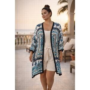 Bila Kimono Cardigan XL XXL Teal Paisley Open Front Duster Resort Swim Coverup